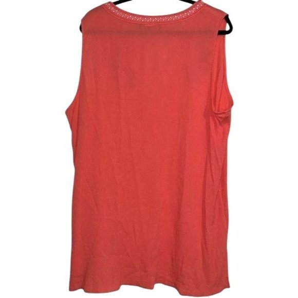 Whispers New York Coral Sleeveless Top With Floral Embroidery & Keyhole Neckline - Picture 3 of 7